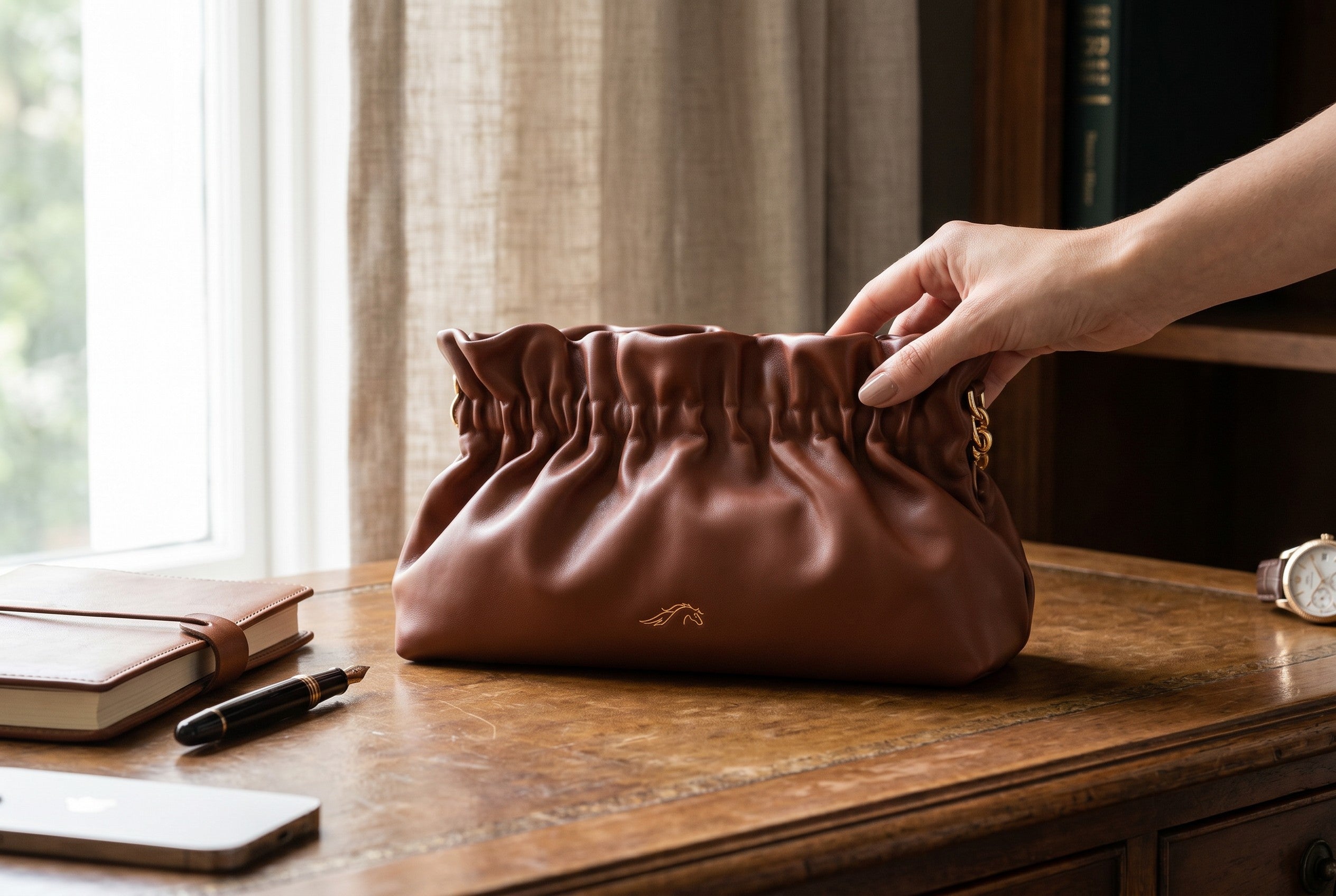 Realizată din piele Nappa de vițel, este geanta tip clutch. Veil este încadrată de o ramă metalică ce îi conferă o siluetă unică și delicată. Acest model elegant este piesa perfectă pentru aparițiile de zi și de seară.