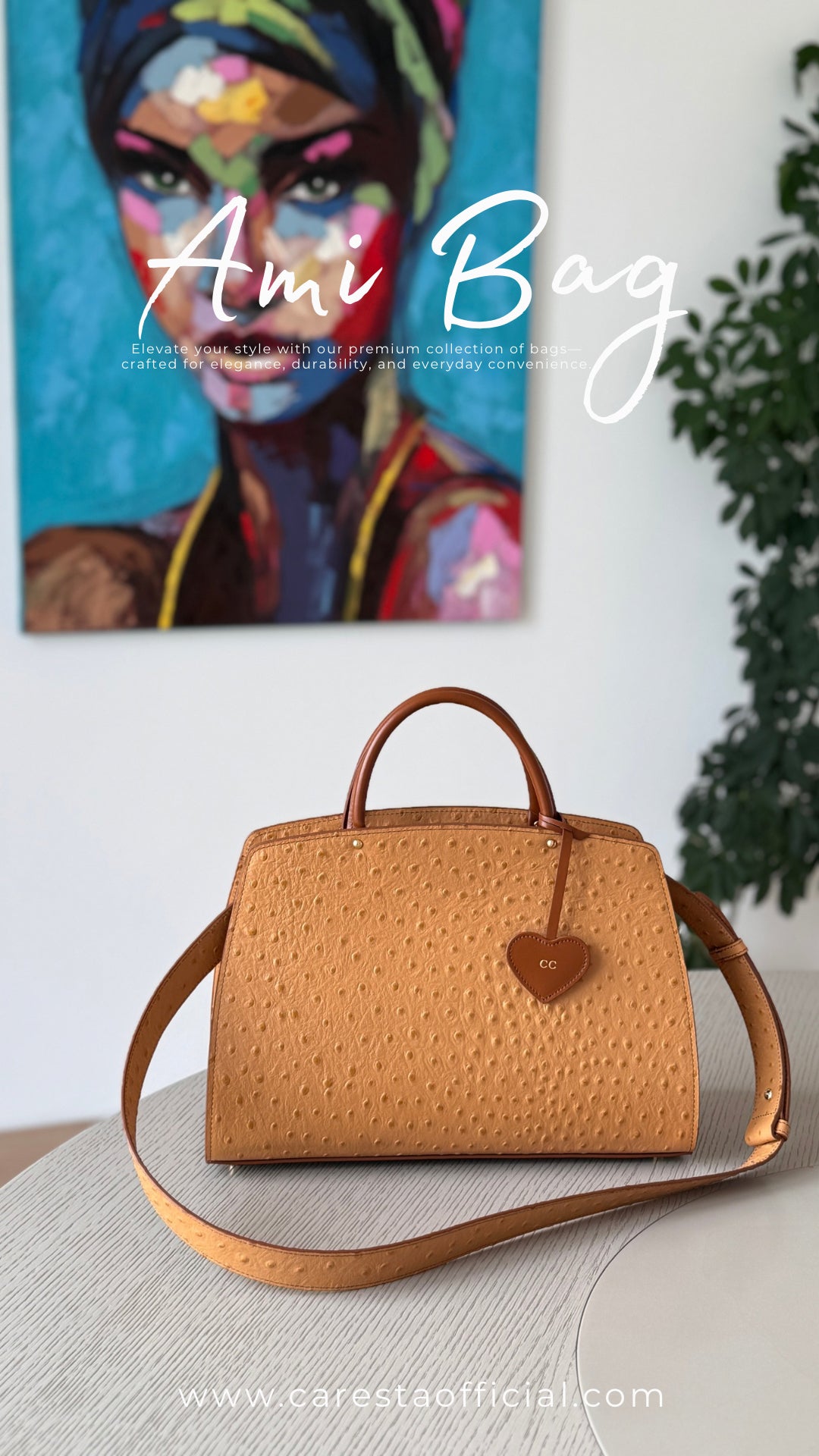 Ami M Ostrich Cognac Bag