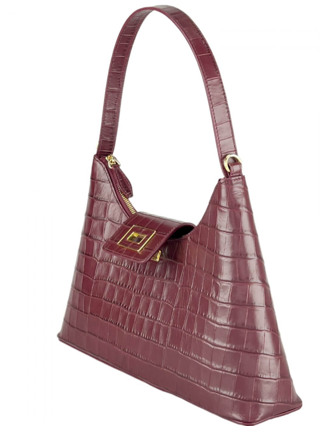 Geantă Mille M Bordeaux Croco SS24 Material exteriorPiele de vițel Material interiorCăptușeală din material textil ManerModelul este echipat cu mâner și o tracollă reglabilă/detașabilă. CompartimentCompartiment unic, cu buzunare pentru accesorii, și închi